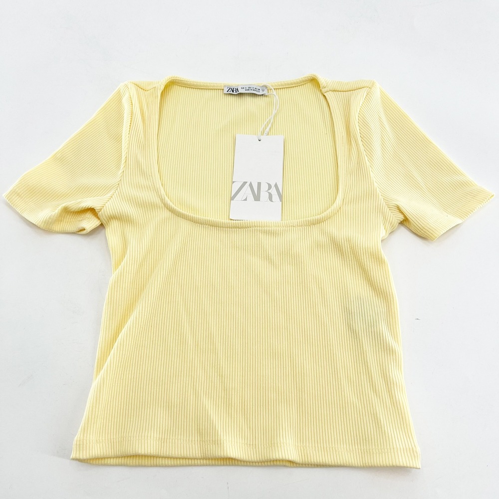 Zara Women Pale Yellow Ribbed Knit Square Neck Short Sleeve T-Shirt Size S NWT - Picture 2 of 5